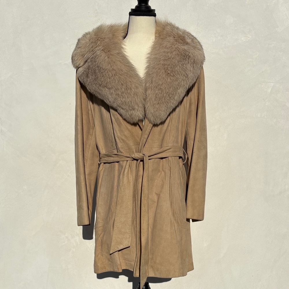 Elegant Vintage Tan Faux Fur Suede Collar Coat